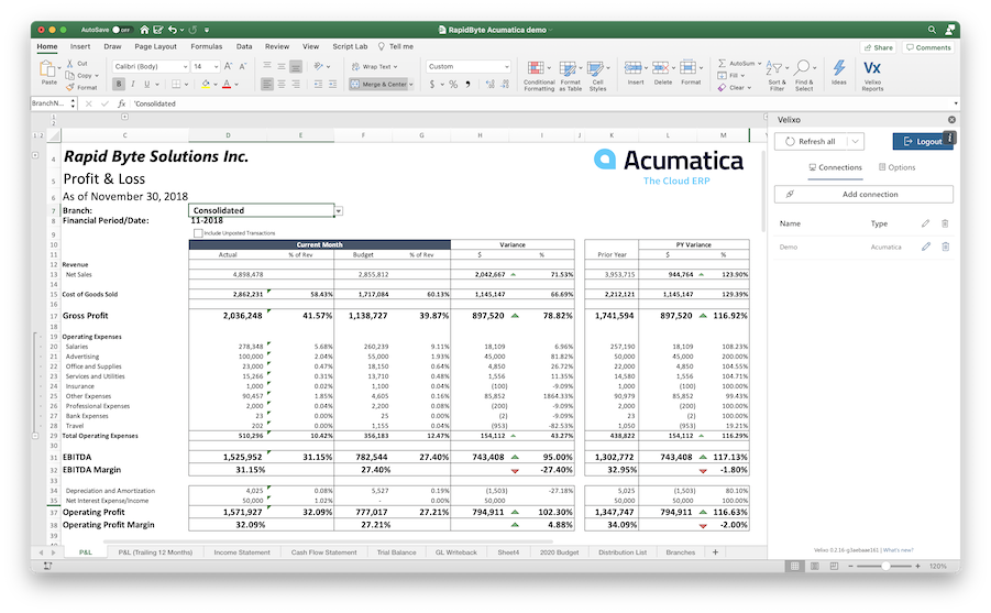 Velixo running on Excel for Mac