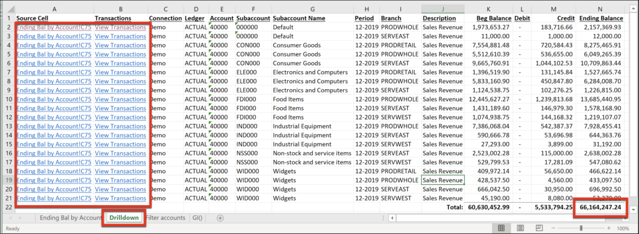 Drilldown functionality - Go to the source transaction in your ERP from Excel.