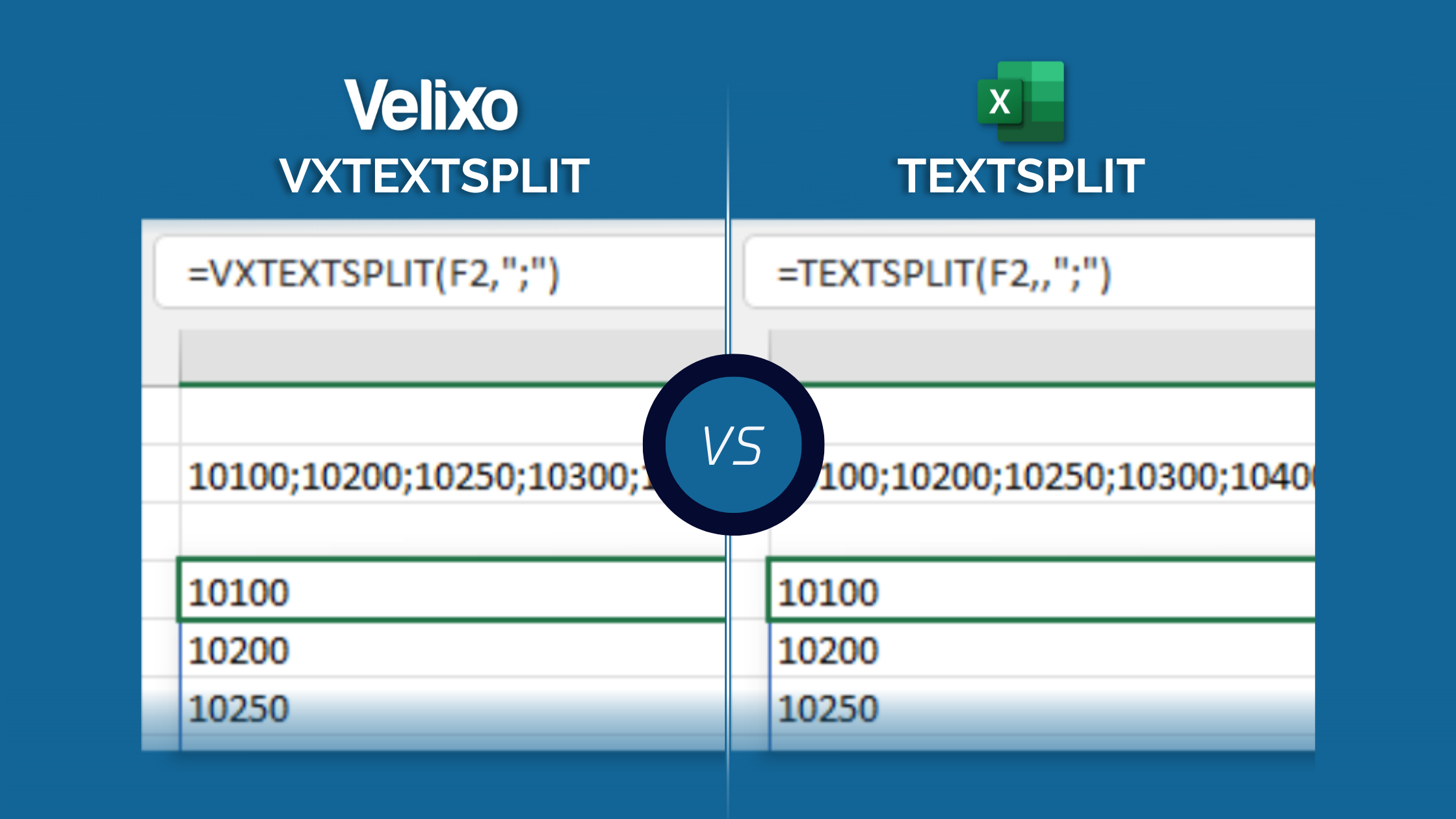 Velixo VXTEXTSPLIT vs Excel TEXTSPLIT
